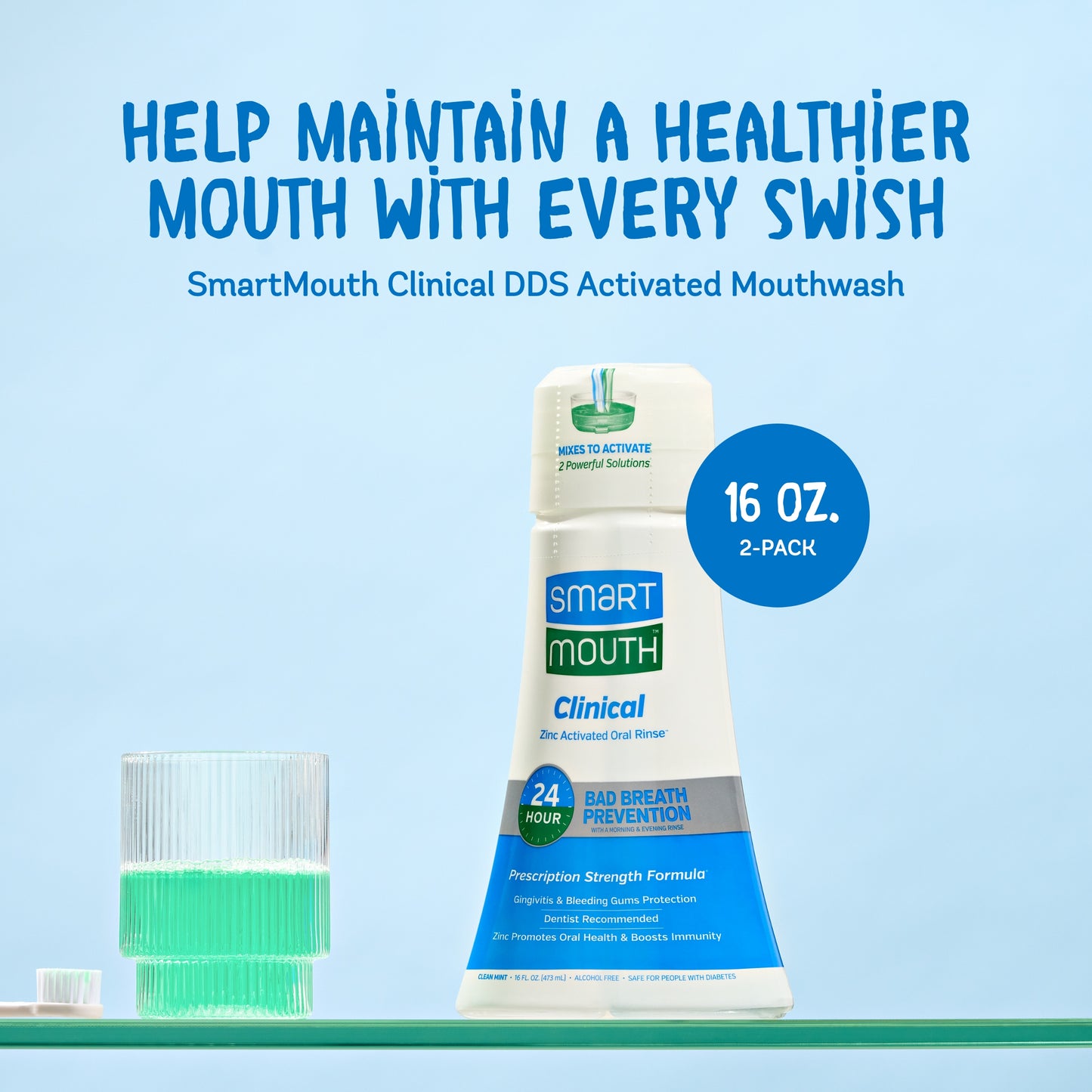 SmartMouth Clinical DDS Activated Mouthwash, Bad Breath and Bleeding Gums Support, 16 fl oz, 3 Pack