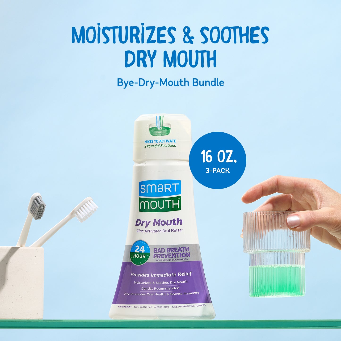SmartMouth Activated Dry Mouth Mouthwash, Dry Mouth and Bad Breath Relief, Mint, 16 fl oz, 3 Pack
