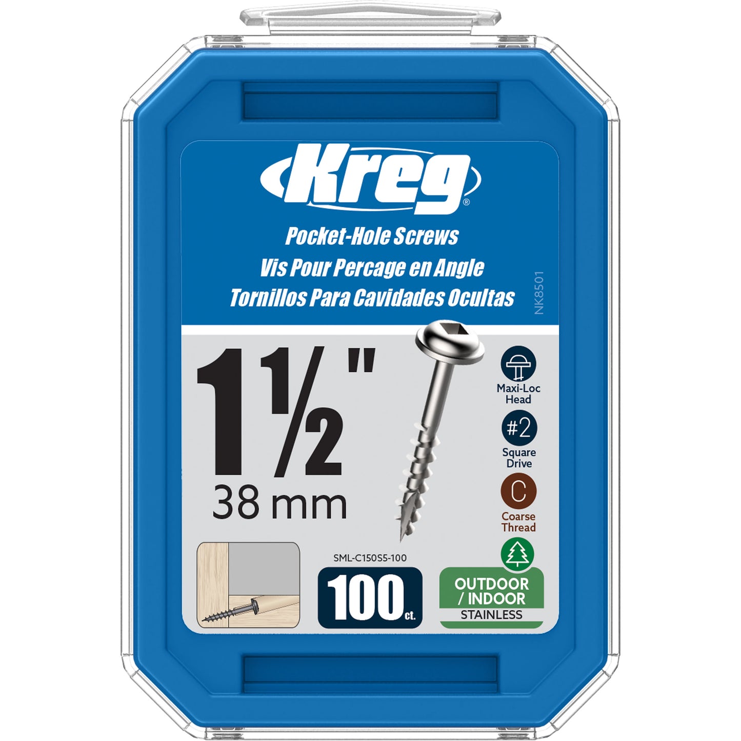 Kreg SML-C150S5-100 305 Stainless Steel Pocket Hole Screws - 1 1/2", 8 Coarse, Washer Head, 100 count