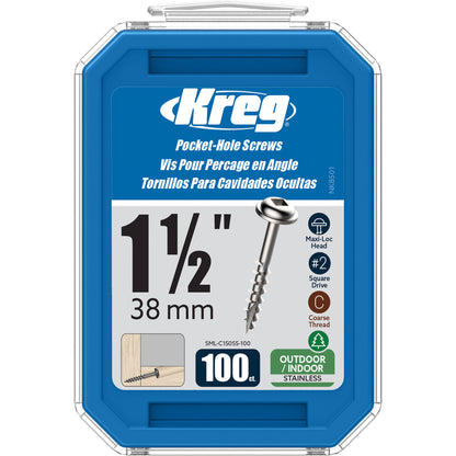 Kreg SML-C150S5-100 305 Stainless Steel Pocket Hole Screws - 1 1/2", 8 Coarse, Washer Head, 100 count
