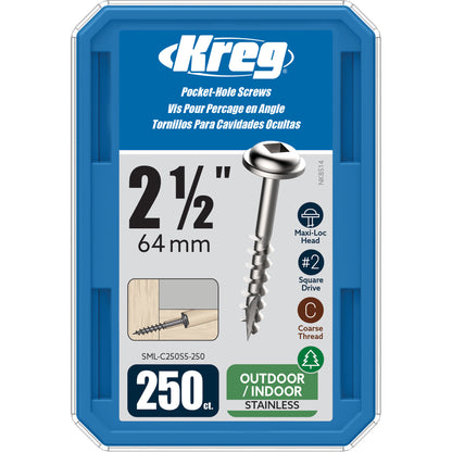 Kreg SML-C250S5-250 Stainless Steel Pocket Screws, 2 1/2 Inch, 10 Coarse, Maxi-Loc Head (250 Count)