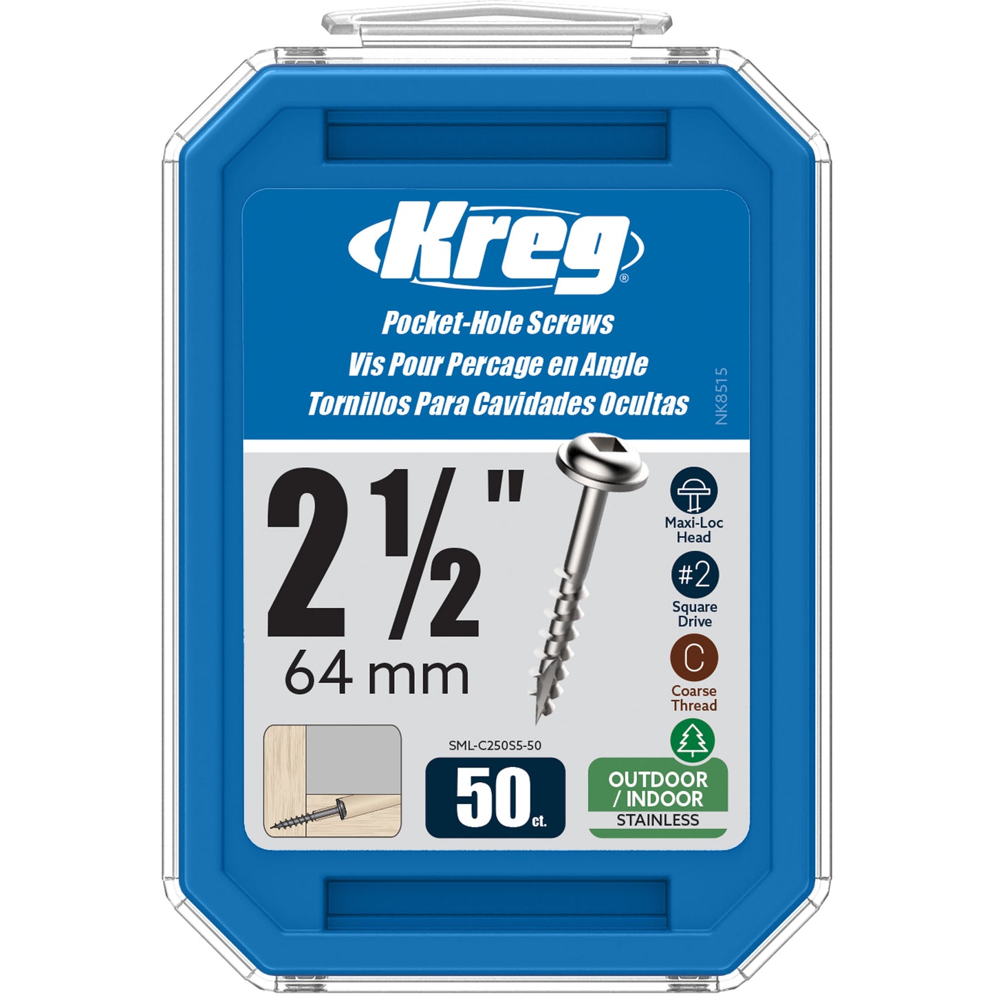 Kreg SML-C250S5-50 Stainless Steel Pocket Screws, 2-1/2 Inch #10 Coarse, Maxi-Loc Head (50 Count)