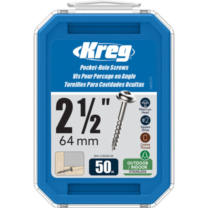 Kreg SML-C250S5-50 Stainless Steel Pocket Screws, 2-1/2 Inch #10 Coarse, Maxi-Loc Head (50 Count)