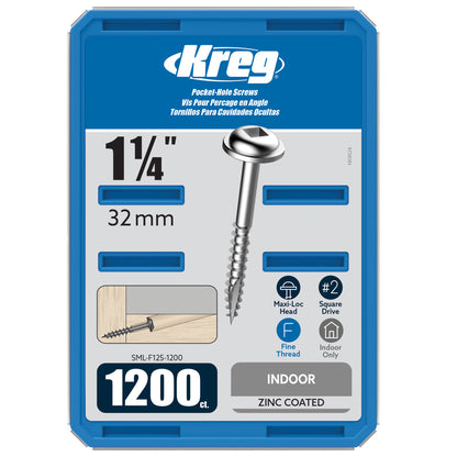 Kreg SML-F125-1200 1-1/4" Washer Head Fine Thread Number 7 Zinc Coated Pocket Hole Screws (1200 Count)