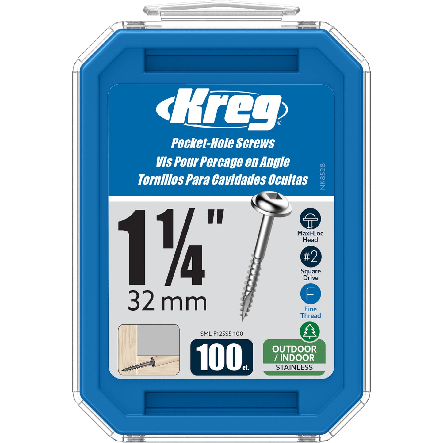 Kreg SML-F125S5-100 305 Stainless-Steel Pocket Screws, 1-1/4" #7 Fine-Thread, Washer-Head (100 Count)