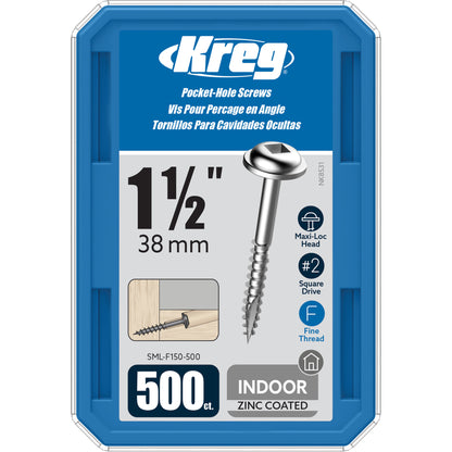 Kreg SML-F150 Pocket Hole Screws 1-1/2-Inch #2 Square Drive Washer-Head 500ct