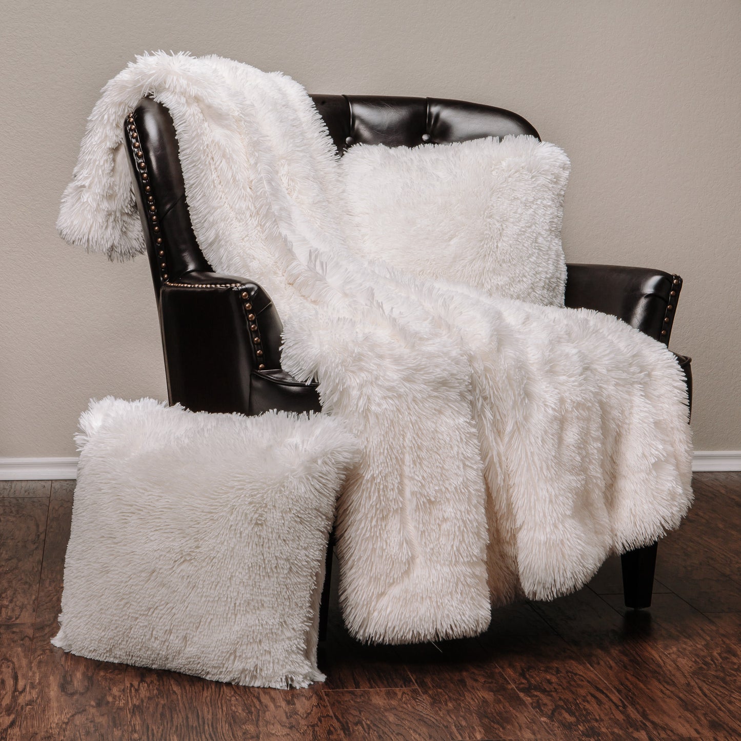 Chanasya Fuzzy Shaggy Faux Fur Throw Blanket and Pillow Cover 3-Piece Set - Lightweight Plush Sherpa Throw (50x65 Inches) and 2 Matching Throw Pillow Covers (18x18 Inches) for Bed Couch - White