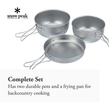 Snow Peak 3 Piece Titanium Cook Set - 2 Pots and Frying Pan - Made from Japanese Titanium