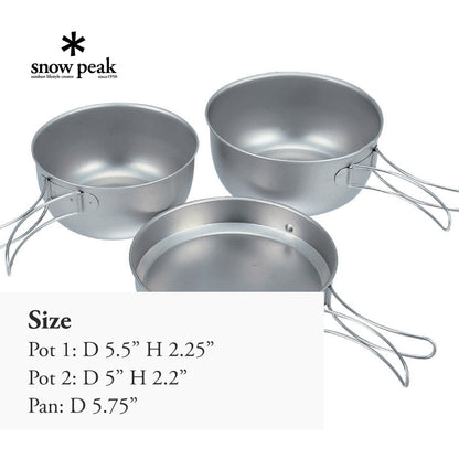 Snow Peak 3 Piece Titanium Cook Set - 2 Pots and Frying Pan - Made from Japanese Titanium