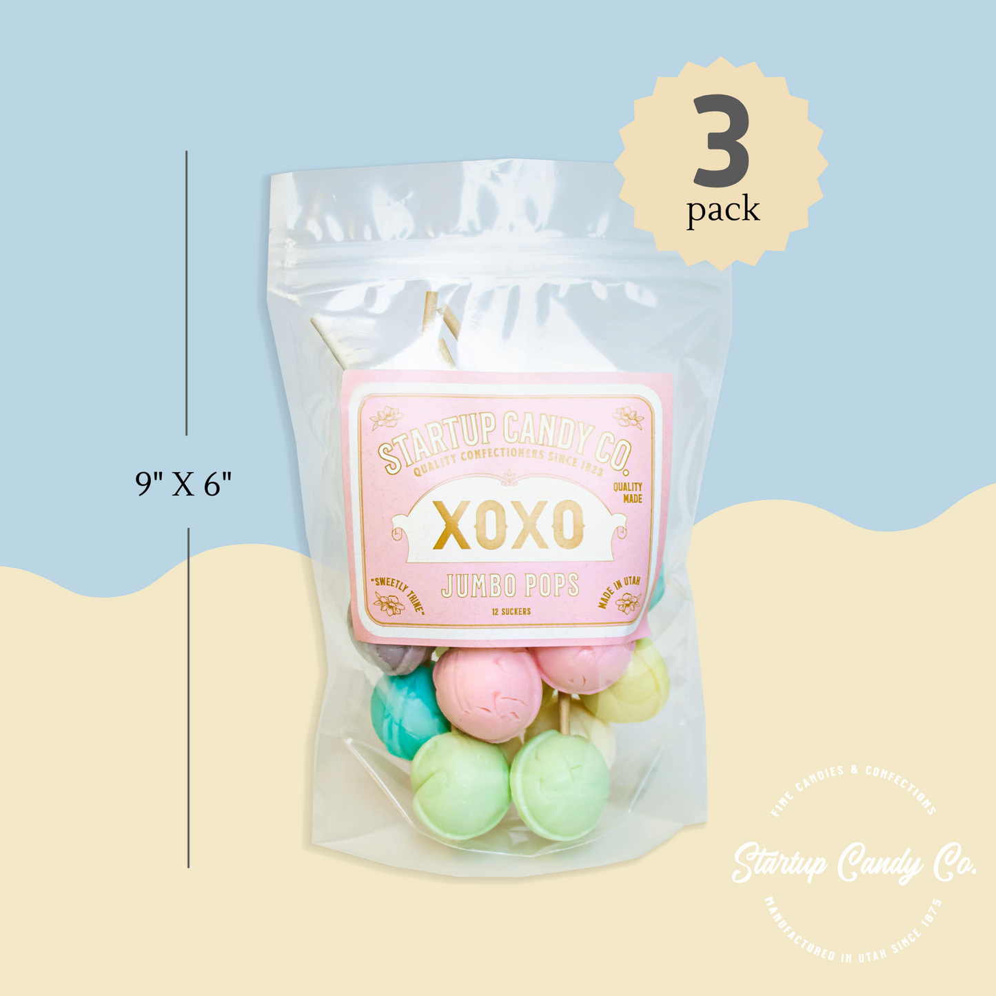 Startup Candy - XOXO - Old Fashioned Jumbo Lollipops with Wooden Sticks - 6 Flavor Variety Pack - Bubblegum, Lemon Chiffon, Minty Mallow, Blue Crush, Berry Sherbet, & Marshmallow