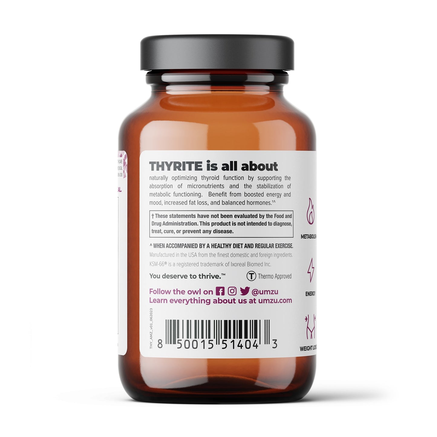 UMZU Thyrite - Supports Thyroid Health & Energy - With Magnesium, Zinc, Copper, Iodine & Selenium - 30 Day Supply - 120 Capsules