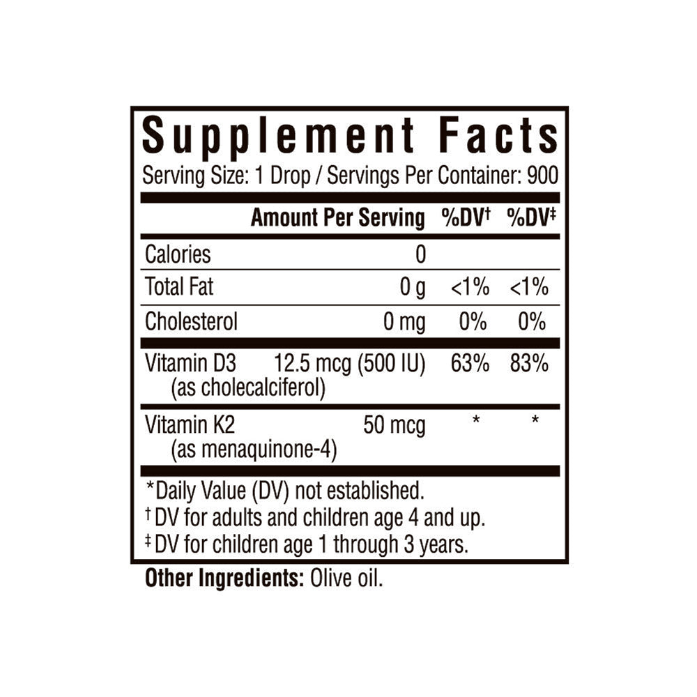 Seeking Health Vitamin D3 + K2 Drops, 12.5 mcg D3 and 50 mcg K2, for Calcium Absorption, Suitable for Kids and Toddlers 4+, Easy to Swallow Vegetarian Drops (1 fl Ounce)