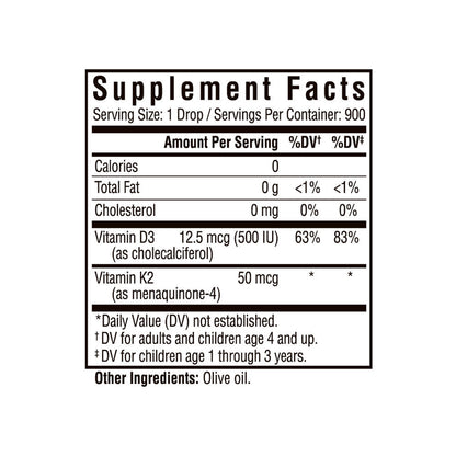 Seeking Health Vitamin D3 + K2 Drops, 12.5 mcg D3 and 50 mcg K2, for Calcium Absorption, Suitable for Kids and Toddlers 4+, Easy to Swallow Vegetarian Drops (1 fl Ounce)