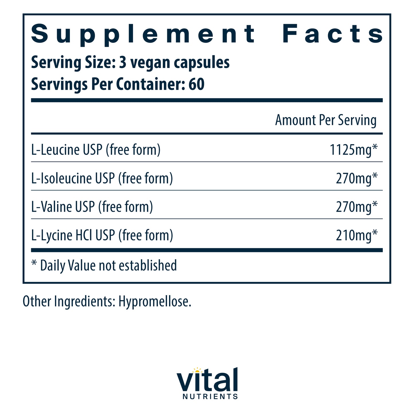 Vital Nutrients - Branched Chain Aminos - Blend of L-Leucine, L-Isoleucine, L-Valine, and L-Lysine HCl Amino Acids - 180 Vegetarian Capsules per Bottle