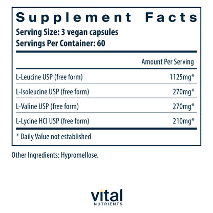 Vital Nutrients - Branched Chain Aminos - Blend of L-Leucine, L-Isoleucine, L-Valine, and L-Lysine HCl Amino Acids - 180 Vegetarian Capsules per Bottle