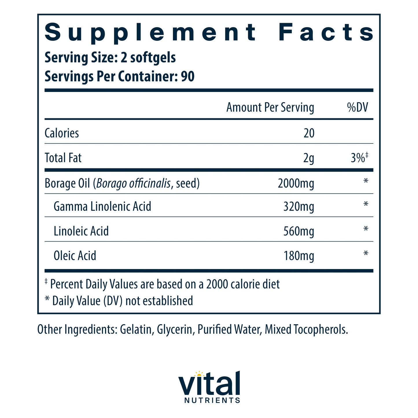 Vital Nutrients - Borage Oil - High Dose of GLA, Essential Omega 6 Fatty Acid - Cartilage, Joint, and Nerve Support - 180 Softgels
