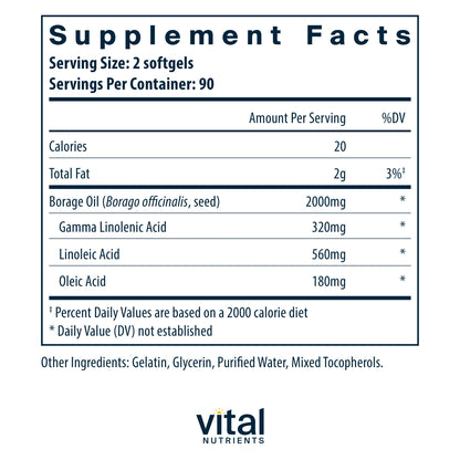 Vital Nutrients - Borage Oil - High Dose of GLA, Essential Omega 6 Fatty Acid - Cartilage, Joint, and Nerve Support - 180 Softgels