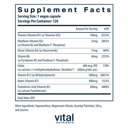 Vital Nutrients - B-Complex - Balanced High Potency B Vitamin Complex - Supports Energy Production, Metabolism and Heart Health - 120 Vegetarian Capsules