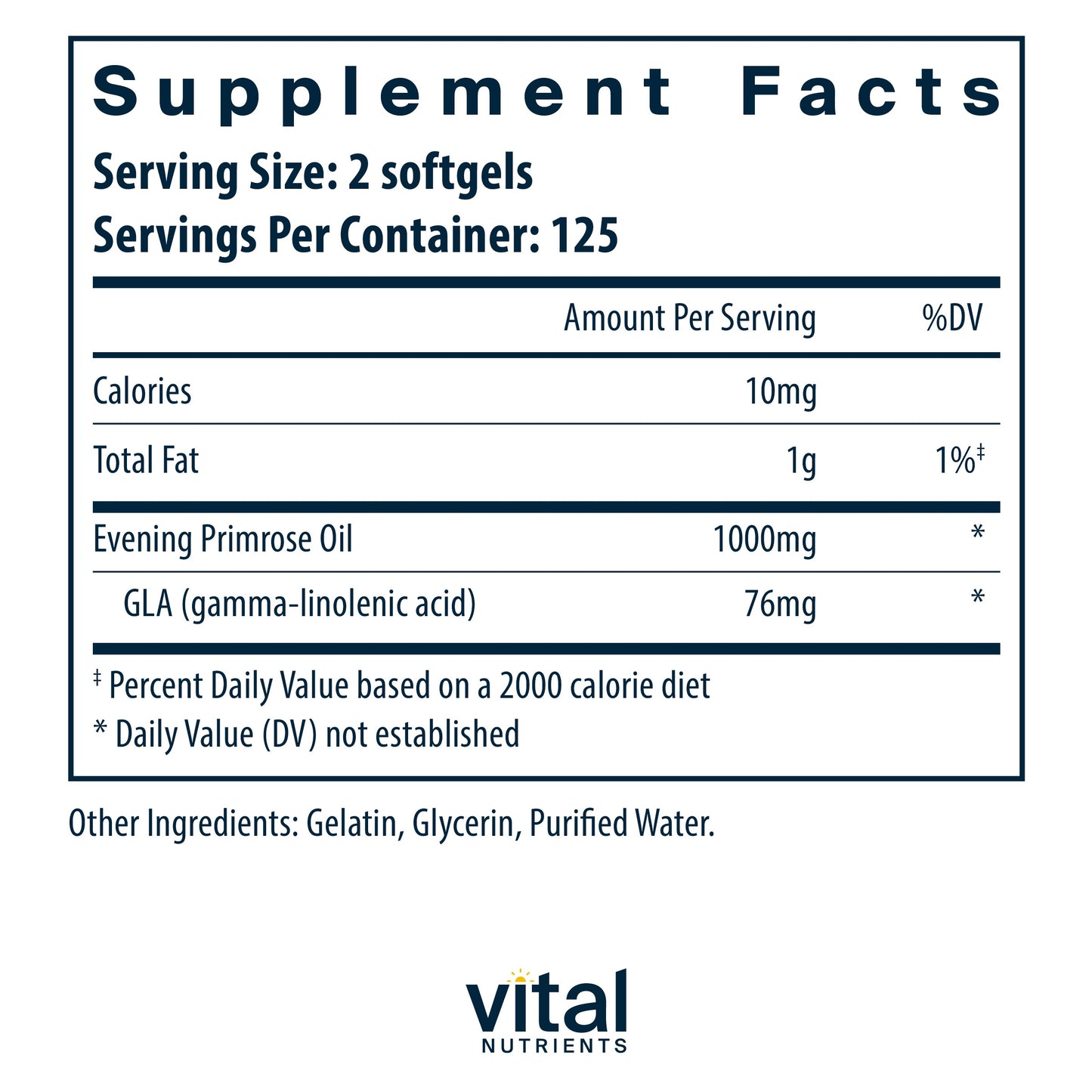 Vital Nutrients - Evening Primrose Oil 1000 mg - Cold-Pressed Oil That Contains GLA, an Essential Omega-6 Fatty Acid - 250 Softgels