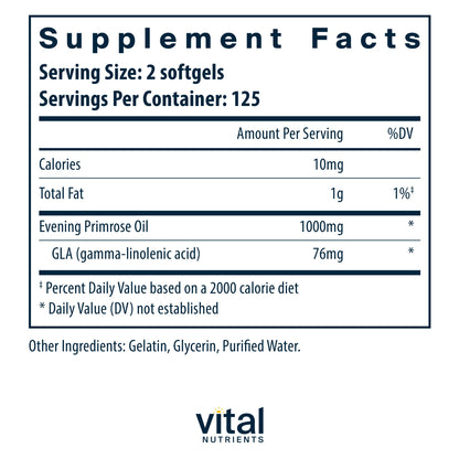 Vital Nutrients - Evening Primrose Oil 1000 mg - Cold-Pressed Oil That Contains GLA, an Essential Omega-6 Fatty Acid - 250 Softgels