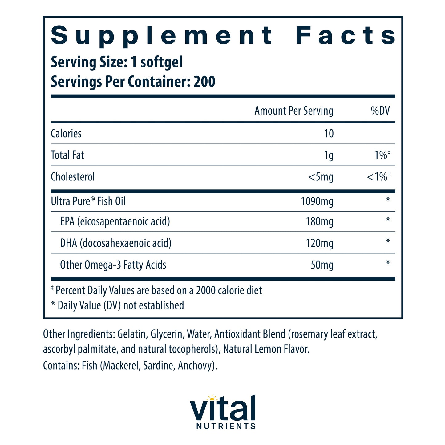 Vital Nutrients - Ultra Pure Fish Oil 350 (Pharmaceutical Grade) - Wild Caught Deep Sea Fish Oil, Cardiovascular Support, Natural Lemon Flavor - 200 Softgels