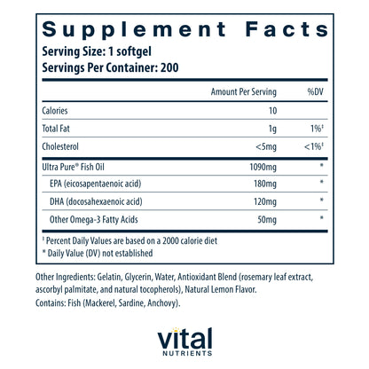 Vital Nutrients - Ultra Pure Fish Oil 350 (Pharmaceutical Grade) - Wild Caught Deep Sea Fish Oil, Cardiovascular Support, Natural Lemon Flavor - 200 Softgels