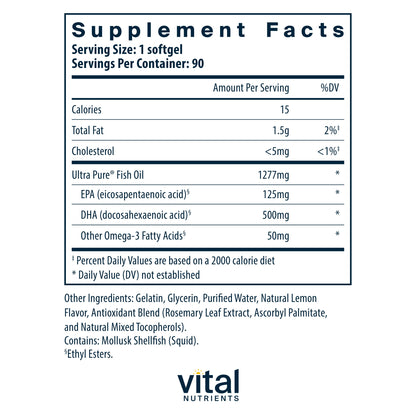 Vital Nutrients - Ultra Pure Fish Oil 675 High Omega-3 DHA (Pharmaceutical Grade) - Hi-Potency Wild Caught Deep Sea Fish Oil, Cardiovascular Support, Lemon Flavor - 90 Softgels per Bottle