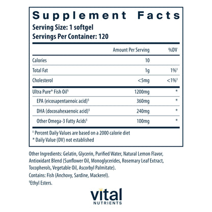 Vital Nutrients - Ultra Pure Fish Oil 700 (Pharmaceutical Grade) - Hi-Potency Wild Caught Deep Sea Fish Oil, Cardiovascular Support with EPA and DHA - 120 Softgels