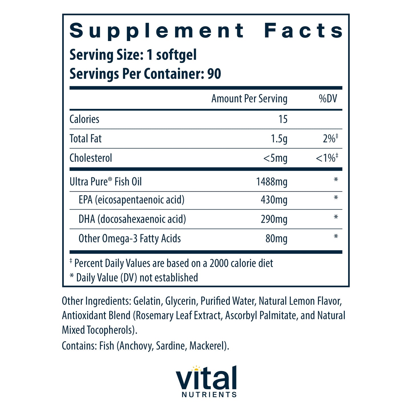 Vital Nutrients - Ultra Pure Fish Oil 800 Triglyceride Form (Pharmaceutical Grade) - Hi-Potency Wild Caught Deep Sea Fish Oil, Cardiovascular Support, Natural Lemon Flavor - 90 Softgels per Bottle