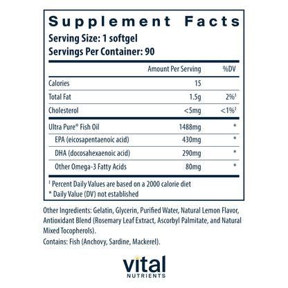 Vital Nutrients - Ultra Pure Fish Oil 800 Triglyceride Form (Pharmaceutical Grade) - Hi-Potency Wild Caught Deep Sea Fish Oil, Cardiovascular Support, Natural Lemon Flavor - 90 Softgels per Bottle
