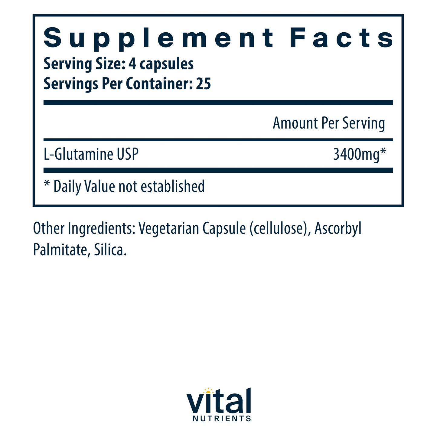 Vital Nutrients - Glutamine - Gastrointestinal and Immune Support - 100 Vegetarian Capsules per Bottle - 3400 mg