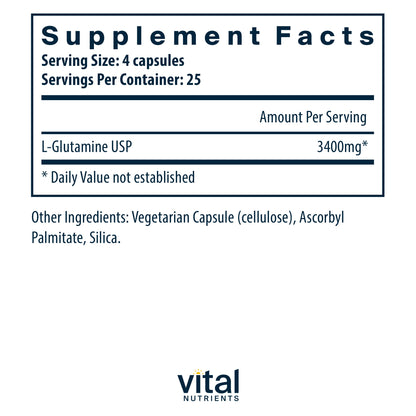 Vital Nutrients - Glutamine - Gastrointestinal and Immune Support - 100 Vegetarian Capsules per Bottle - 3400 mg