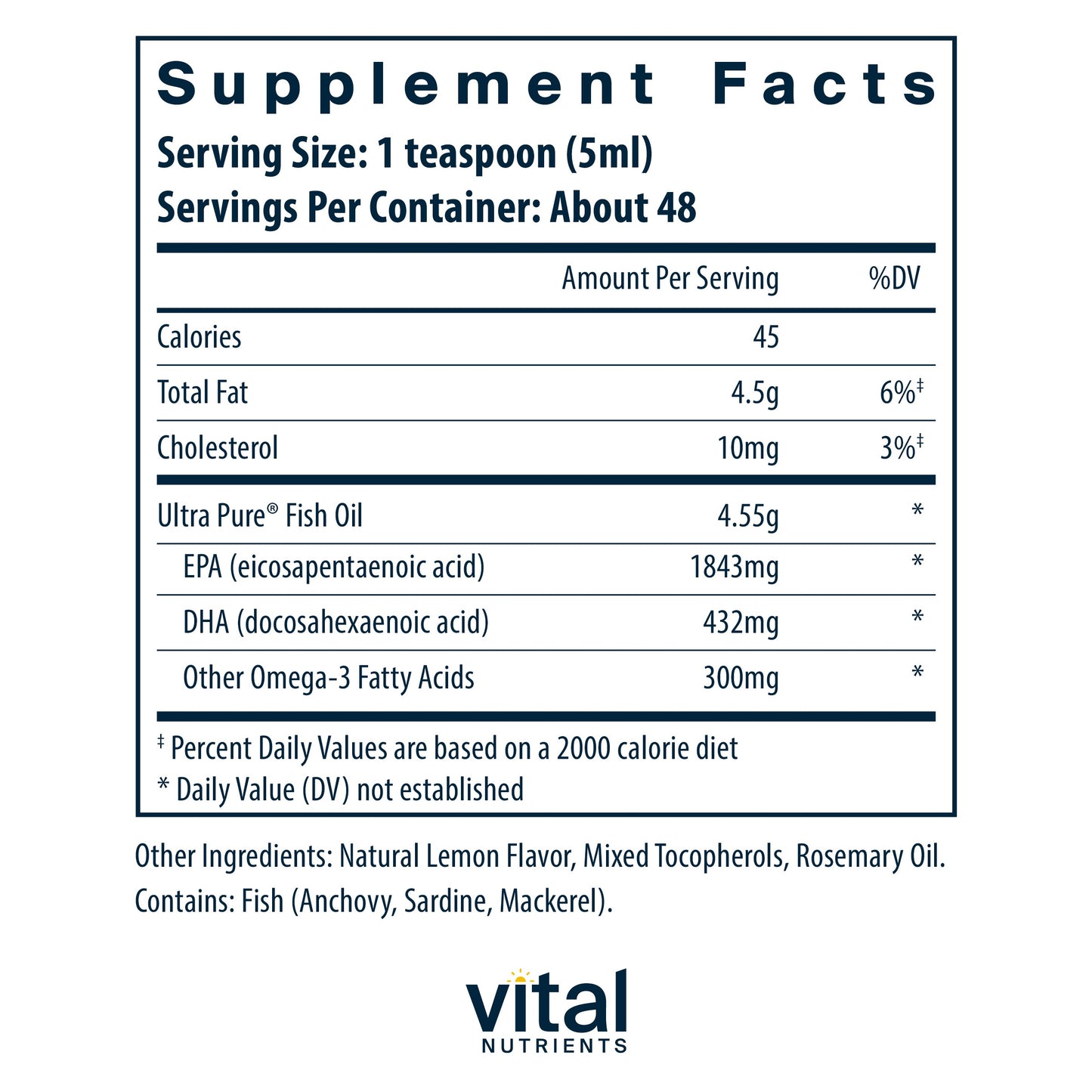 Vital Nutrients - Ultra Pure Fish Oil 2600 (Pharmaceutical Grade) - Hi-Potency Deep Sea Liquid Fish Oil, Cardiovascular Support, Natural Lemon Flavor - 8 Fl Oz per Bottle