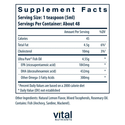 Vital Nutrients - Ultra Pure Fish Oil 2600 (Pharmaceutical Grade) - Hi-Potency Deep Sea Liquid Fish Oil, Cardiovascular Support, Natural Lemon Flavor - 8 Fl Oz per Bottle