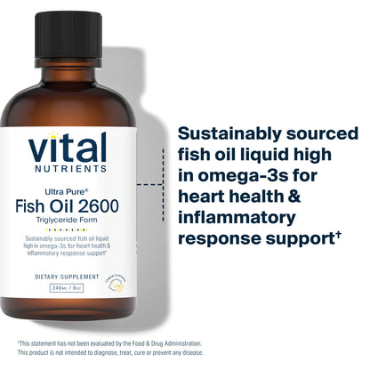 Vital Nutrients - Ultra Pure Fish Oil 2600 (Pharmaceutical Grade) - Hi-Potency Deep Sea Liquid Fish Oil, Cardiovascular Support, Natural Lemon Flavor - 8 Fl Oz per Bottle