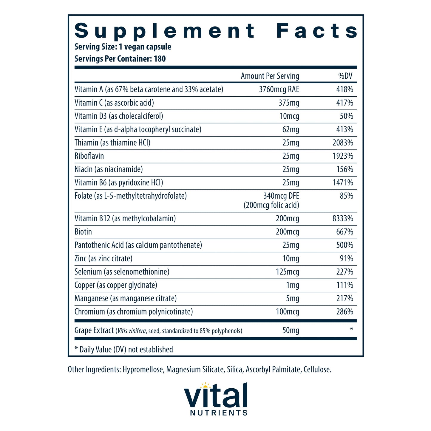 Vital Nutrients - Minimal and Essential - One a Day Multivitamin/Mineral and Antioxidant Formula - 180 Vegetarian Capsules
