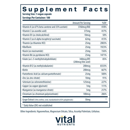 Vital Nutrients - Minimal and Essential - One a Day Multivitamin/Mineral and Antioxidant Formula - 180 Vegetarian Capsules