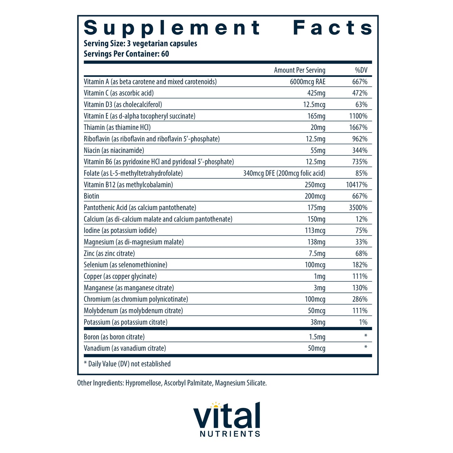 Vital Nutrients - Multi-Nutrients 3 - Citrate/Malate Formula (Without Copper or Iron) - Multi-Vitamin/Mineral with Potent Antioxidants - Gentle Bioavailable Form - 180 Vegetarian Capsules per Bottle