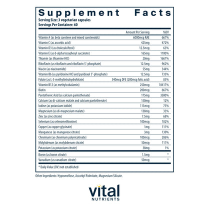 Vital Nutrients - Multi-Nutrients 3 - Citrate/Malate Formula (Without Copper or Iron) - Multi-Vitamin/Mineral with Potent Antioxidants - Gentle Bioavailable Form - 180 Vegetarian Capsules per Bottle