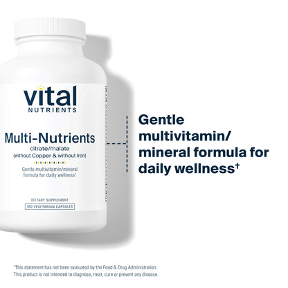 Vital Nutrients - Multi-Nutrients 3 - Citrate/Malate Formula (Without Copper or Iron) - Multi-Vitamin/Mineral with Potent Antioxidants - Gentle Bioavailable Form - 180 Vegetarian Capsules per Bottle