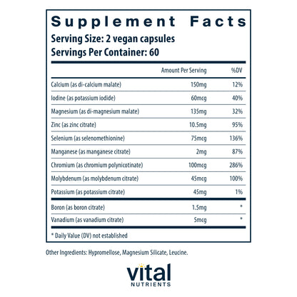 Vital Nutrients - Multi-Minerals - Citrate/Malate Formula (No Copper or Iron) - High Potency Gentle Formula with High Nutritional Value - 120 Vegetarian Capsules per Bottle