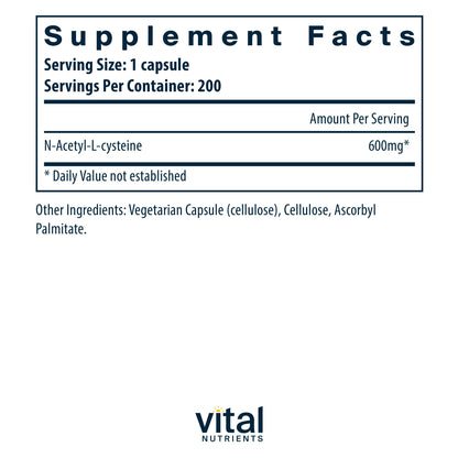 Vital Nutrients NAC | N-Acetyl Cysteine | Vegan Supplement | Supporting Sinus and Respiratory Health | 600mg | Gluten, Dairy, and Soy Free | 200 Vegetarian Capsules
