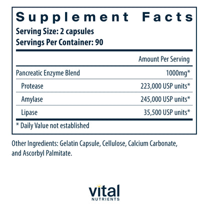 Vital Nutrients Pancreatic Enzymes 1000mg (Full Strength) | Pancreatin Digestion Supplement with Protease, Amylase & Lipase | Digestive Enzymes | Gluten, Dairy, and Soy Free | 180 Capsules