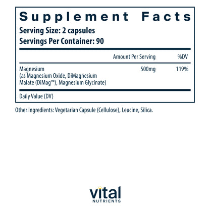 Vital Nutrients Triple Mag Complex | Magnesium Oxide, Malate & Glycinate Supplement | Support Stress, Bones, Muscles and Teeth | Soy, Dairy and Gluten Free | 250mg | 180 Vegetarian Capsules