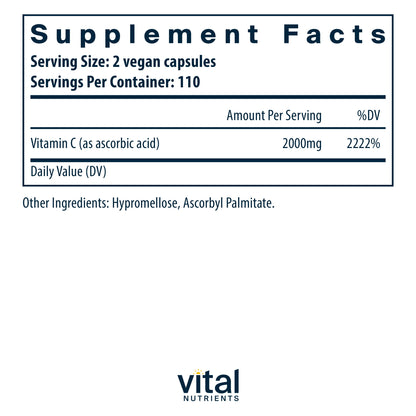 Vital Nutrients - Vitamin C 1000 mg (100% Pure Ascorbic Acid) - Potent Antioxidant to Support Iron Absorption - 220 Vegetarian Capsules