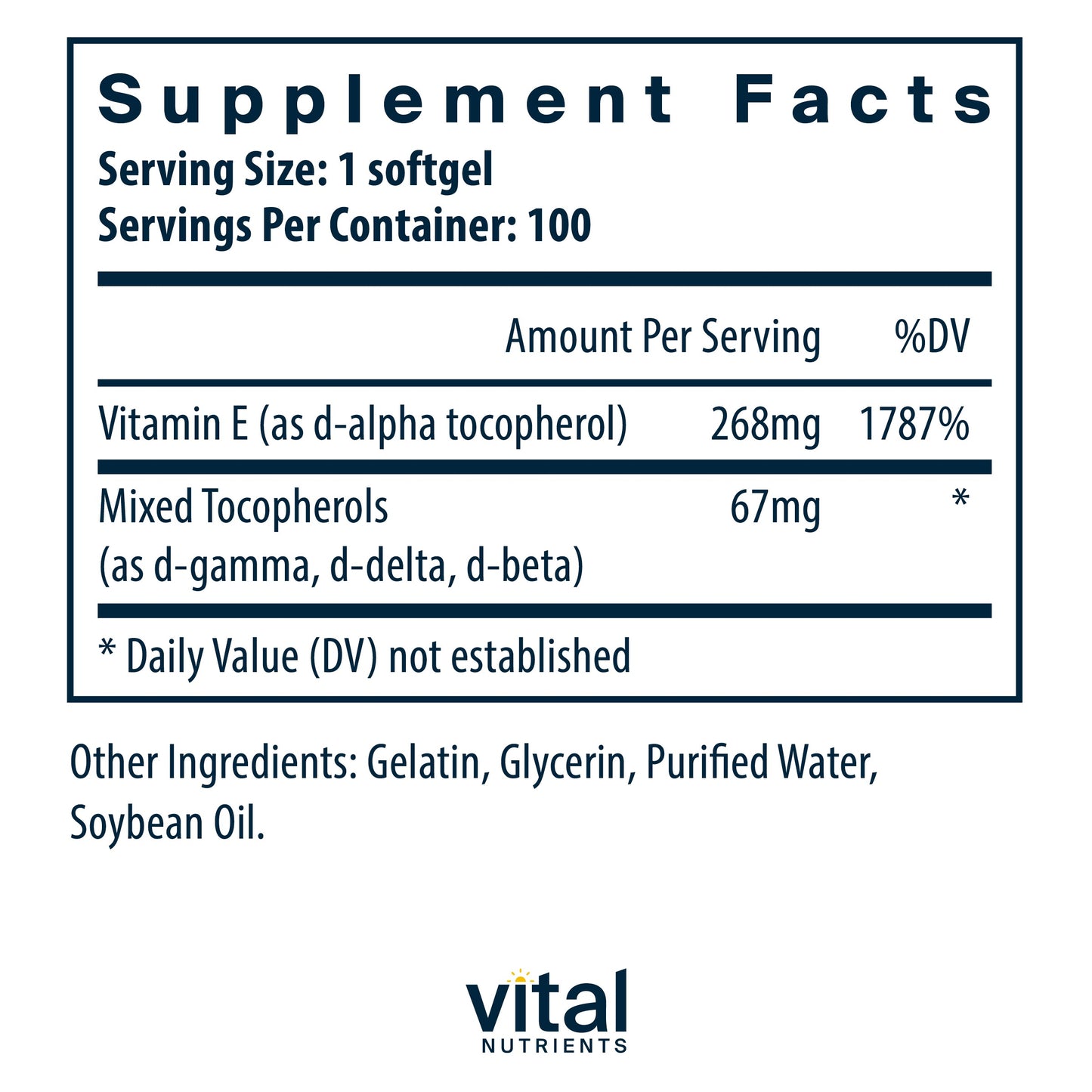 Vital Nutrients - Vitamin E 400 (with Mixed Tocopherols) - Potent Antioxidant and Cardiovascular Support - 100 Softgels per Bottle