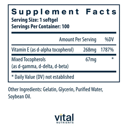 Vital Nutrients - Vitamin E 400 (with Mixed Tocopherols) - Potent Antioxidant and Cardiovascular Support - 100 Softgels per Bottle