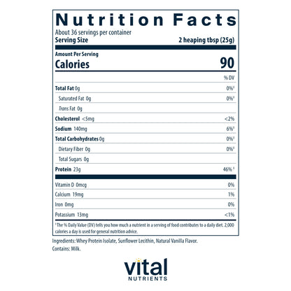Vital Nutrients - ProWhey - Whey Protein Beverage Mix - Natural Vanilla Flavor - 900 Grams per Bottle