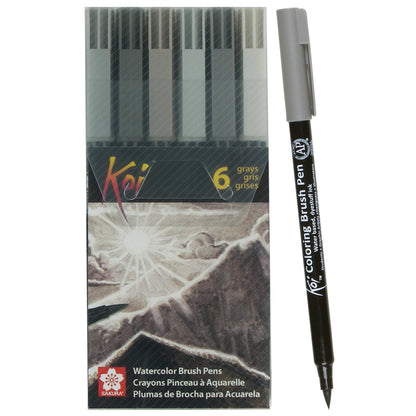 Sakura XBR-6SA 6-Piece Koi Coloring Brush Pen Set, Gray
