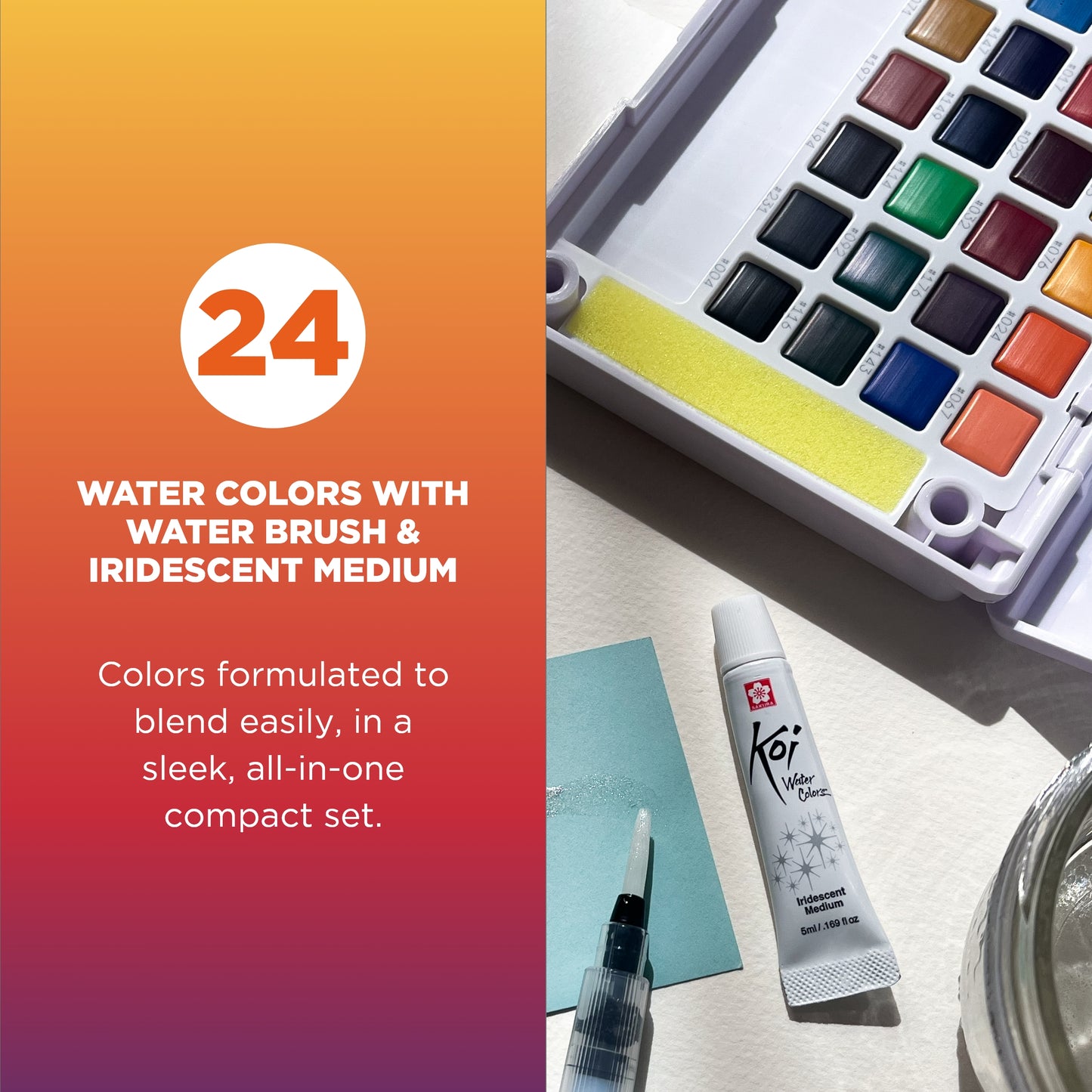 SAKURA Koi Watercolor Pocket Field Sketch Set with Brush, 24 Blendable Colors + Iridescent Medium XNCW-24N5L
